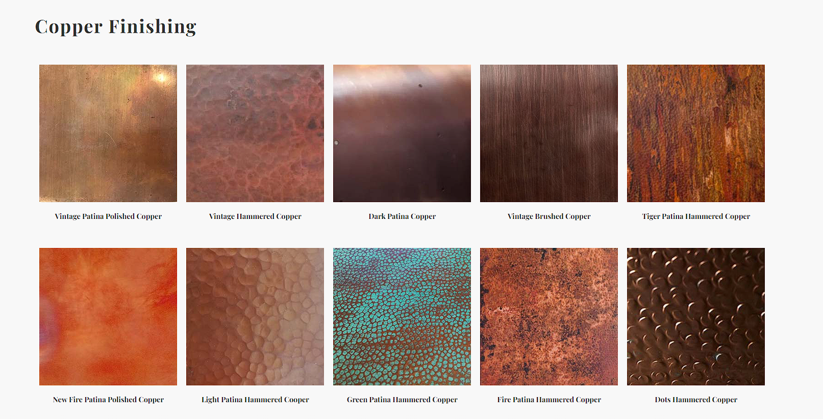 Copper finishing swatches for Winston range hood by Amoretti Brothers, with vintage, hammered, patina textures.