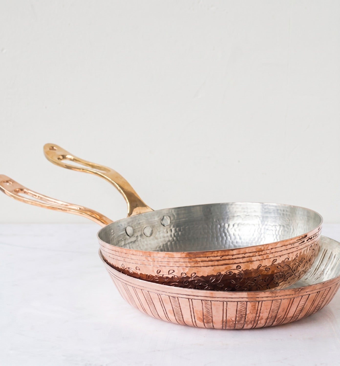 copper fry pans with pattern decors amoretti brothers