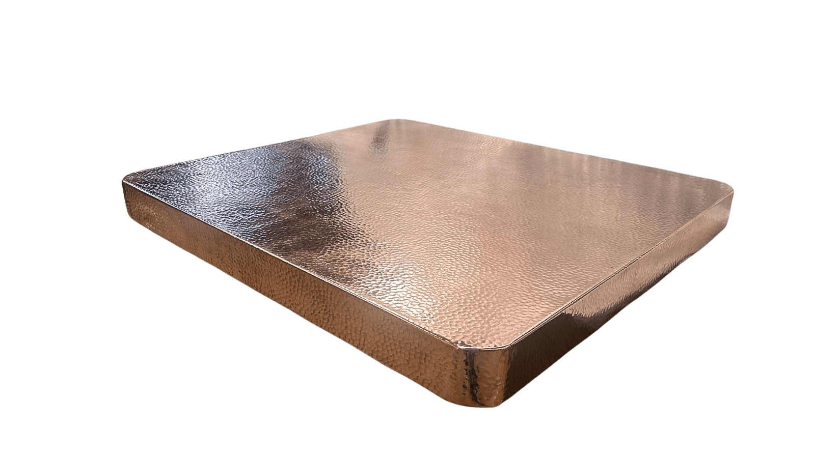 Elegant square hammered copper table top, meticulously crafted by skilled artisans, perfect for modern and rustic decor.
