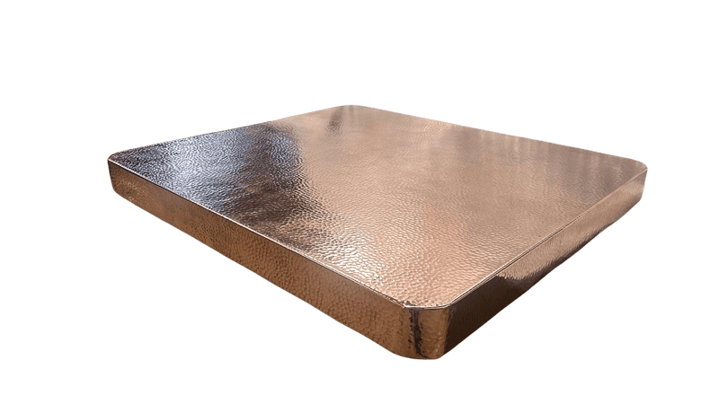 Elegant square hammered copper table top, meticulously crafted by skilled artisans, perfect for modern and rustic decor.