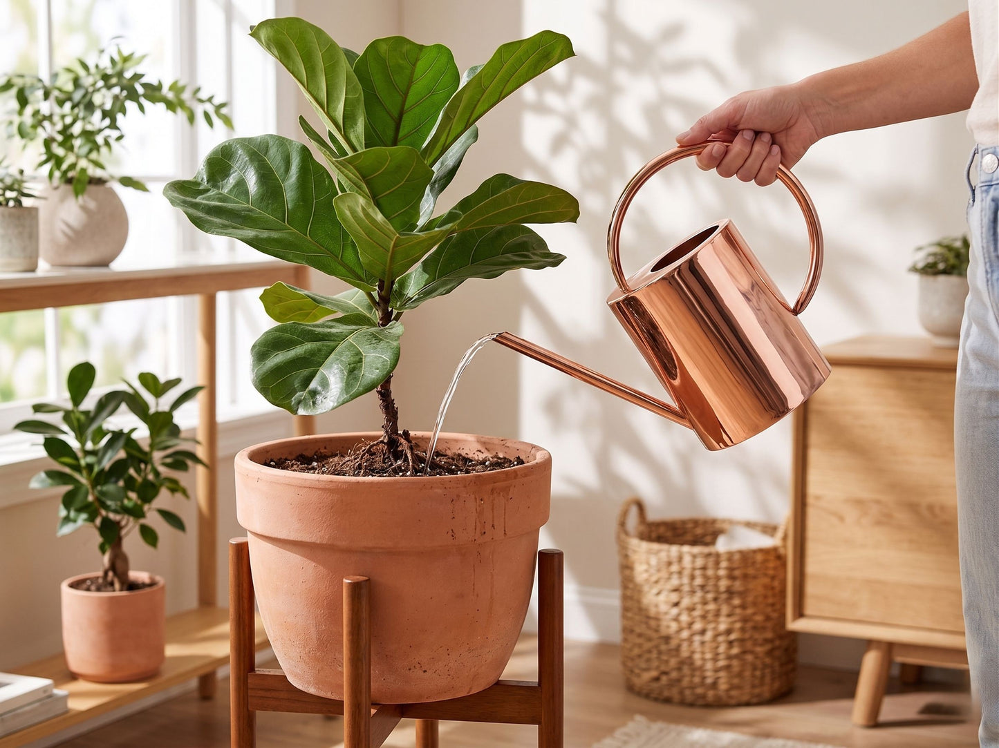 Person watering a fiddle leaf fig plant with an Amoretti Brothers copper watering can in a home setting.