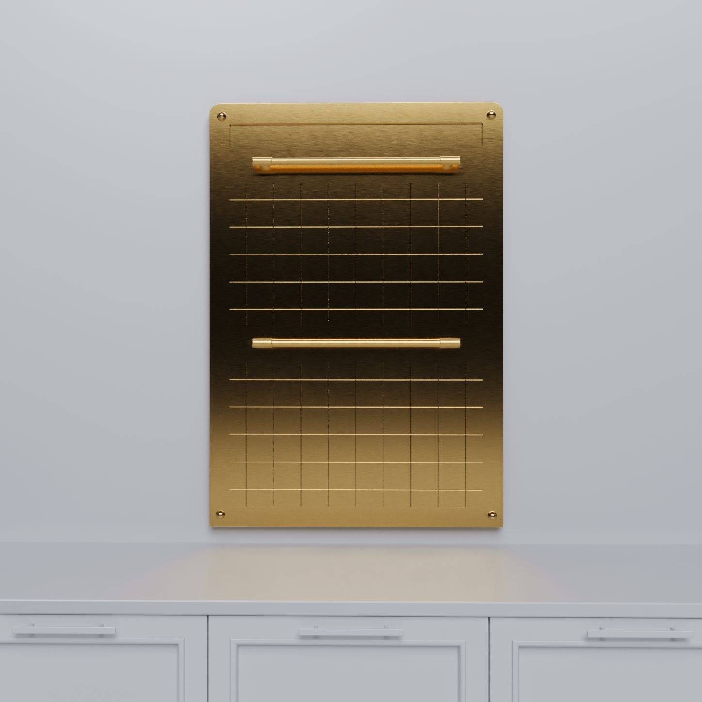 brass backsplash by Amoretti Brothers with two pot racks