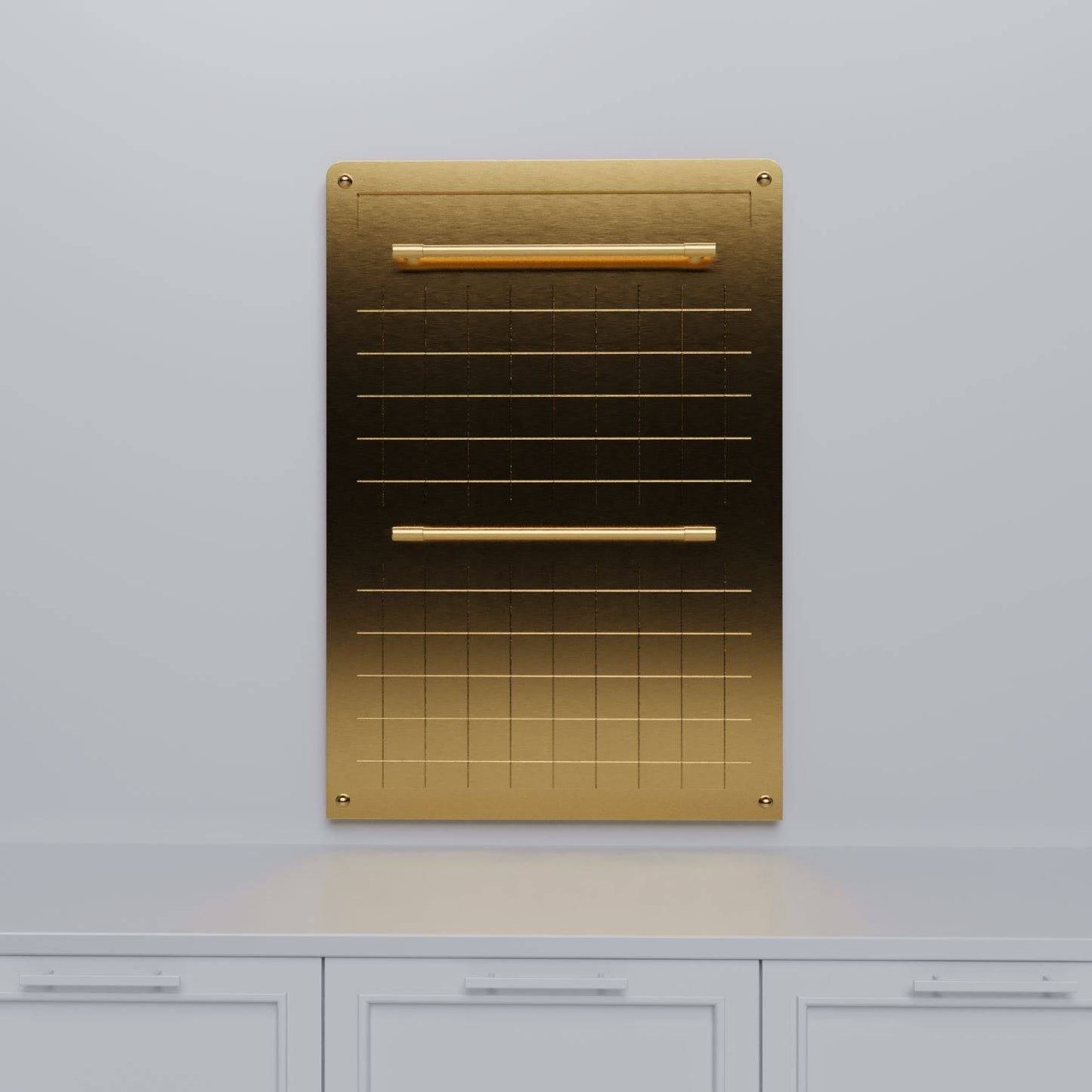 brass backsplash by Amoretti Brothers with two pot racks