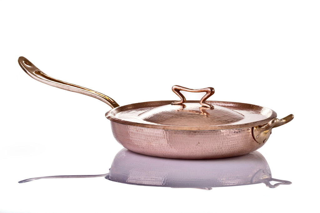 SPLAYED SAUTE PAN IN COPPER TIN EXTRA THICK WITH BRONZE HANDLE-COOKING  UTENSIL Choix diamètre (cm) 16