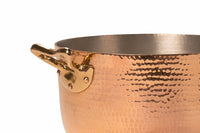 10-quart hammered copper stock pot with the flower lid removed, showcasing the pot's large capacity and intricate lid design.