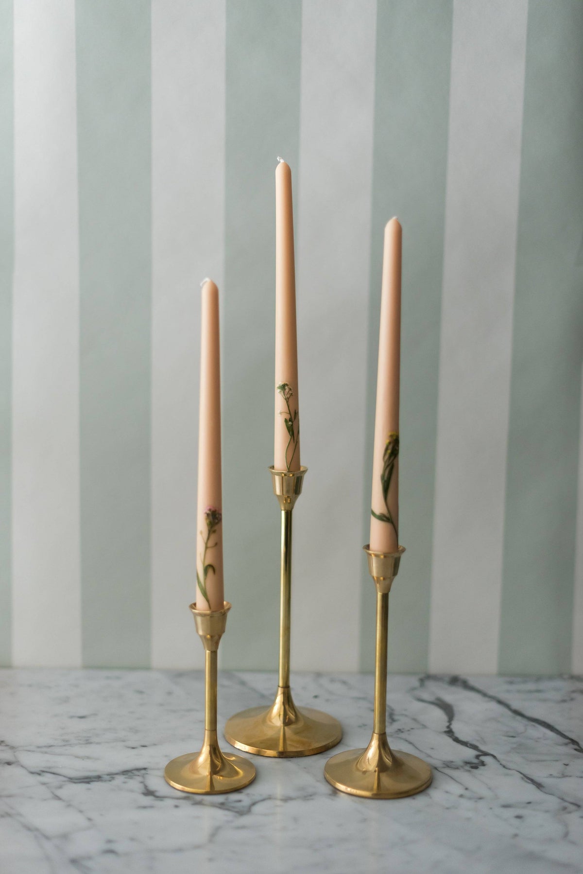 Set of 3 brass candle holders, 5, 7 and 9 inches tall
