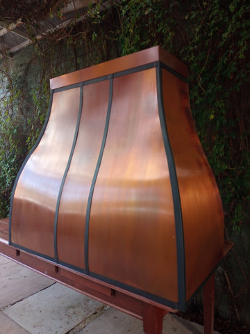 vintage patina copper range hood with black straps
