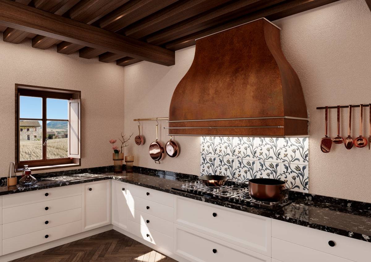 Custom hammered copper range hood ARIZONA installed in a modern kitchen, enhancing the space with its stylish and functional design.