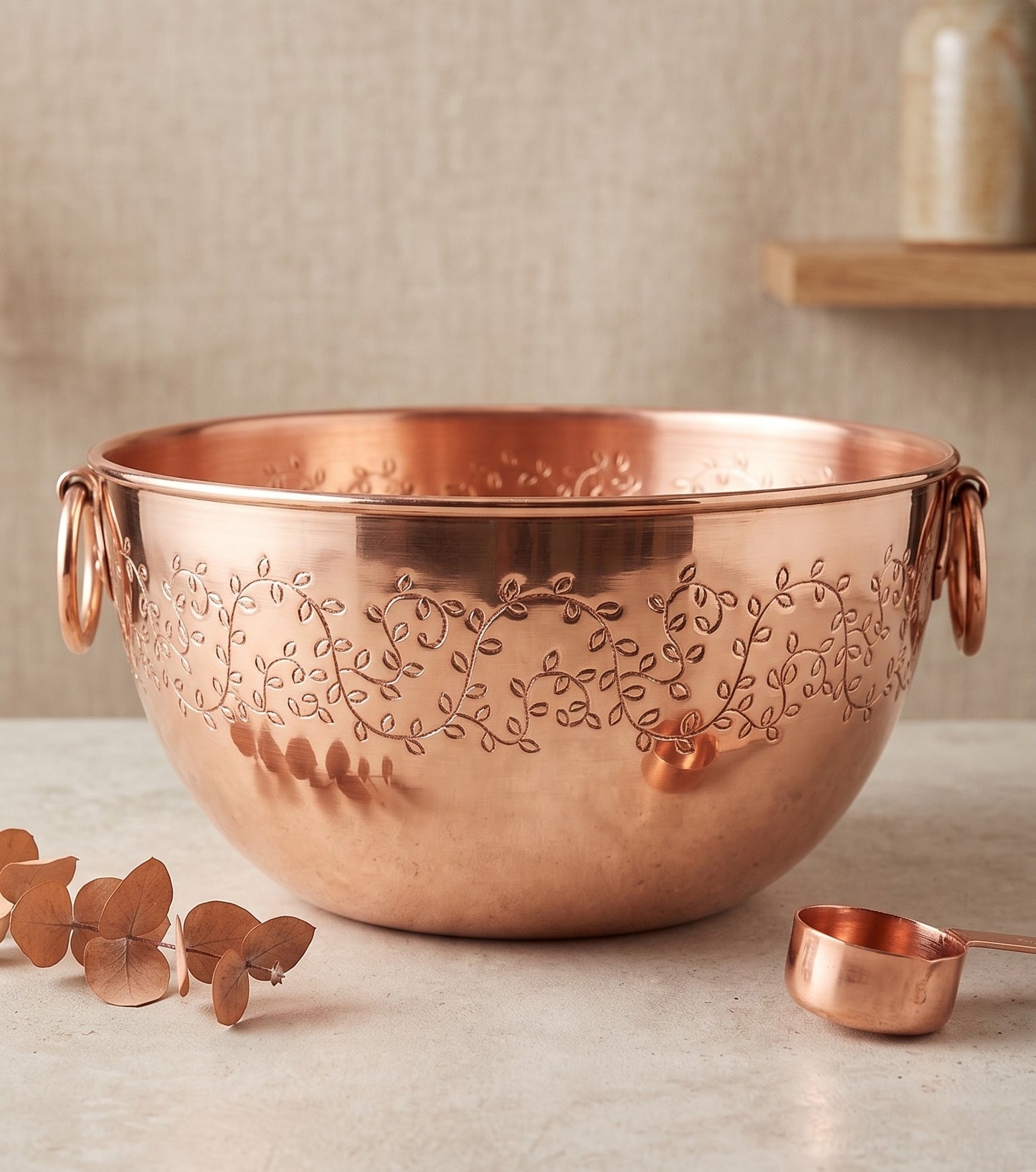 Copper Mixing Bowl with Hand-Engraved Leaves 11.8" x 6"