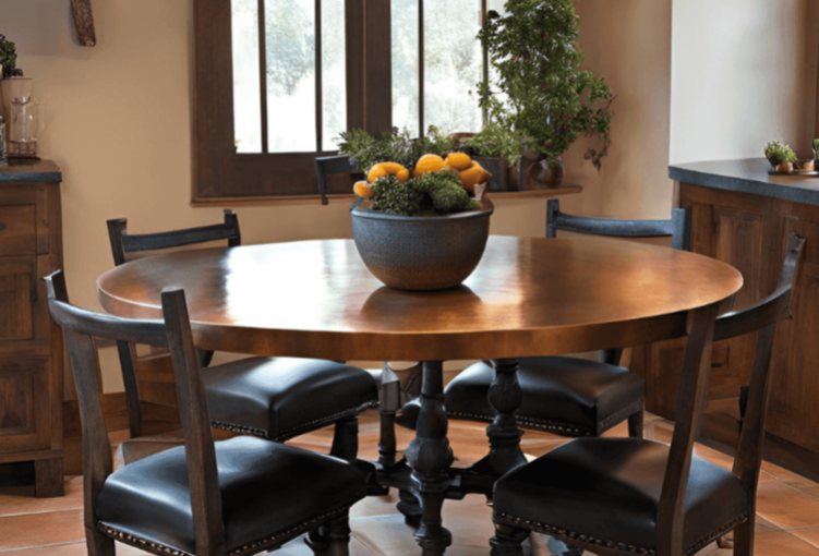 Beautiful hammered copper table top set in a stylish dining room, enhancing the space with its timeless elegance