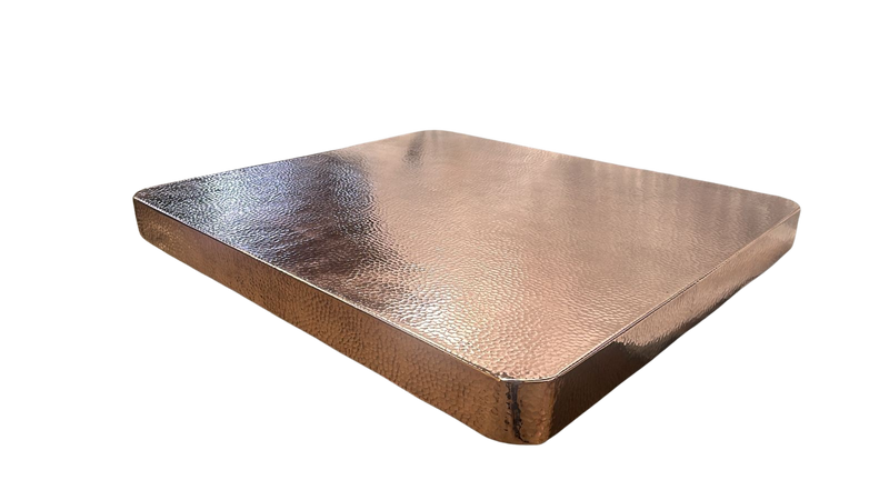 Elegant square hammered copper table top, meticulously crafted by skilled artisans, perfect for modern and rustic decor.