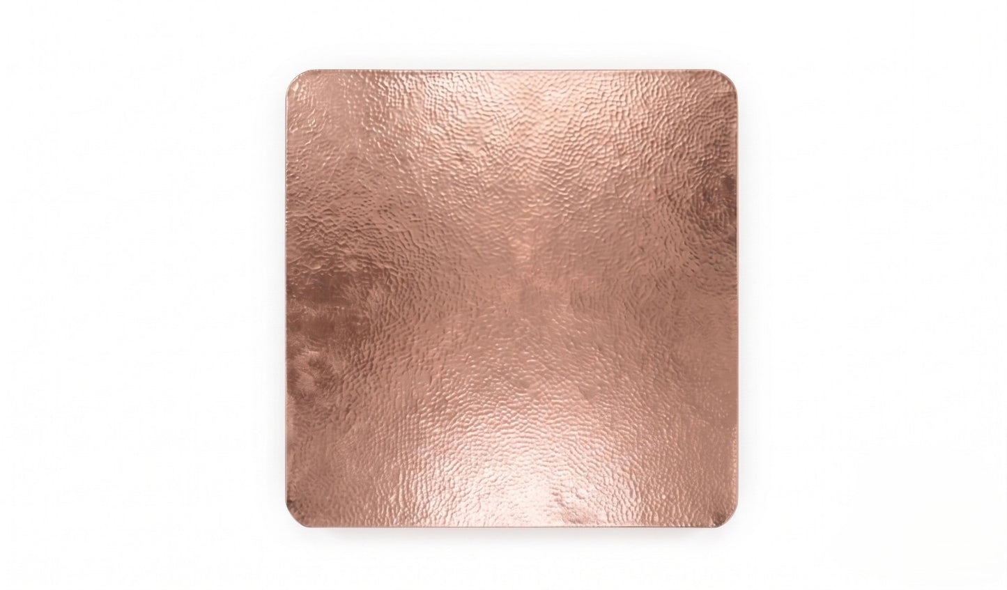 Rose gold Amoretti Brothers hammered copper square table on a white background