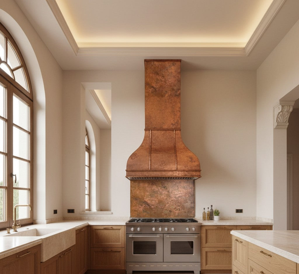 Modern kitchen with copper range hood and Amoretti Brothers vintage patina backsplash