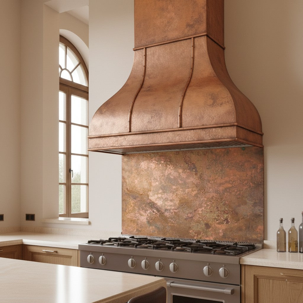 Kitchen with a copper range hood and backsplash by Amoretti Brothers