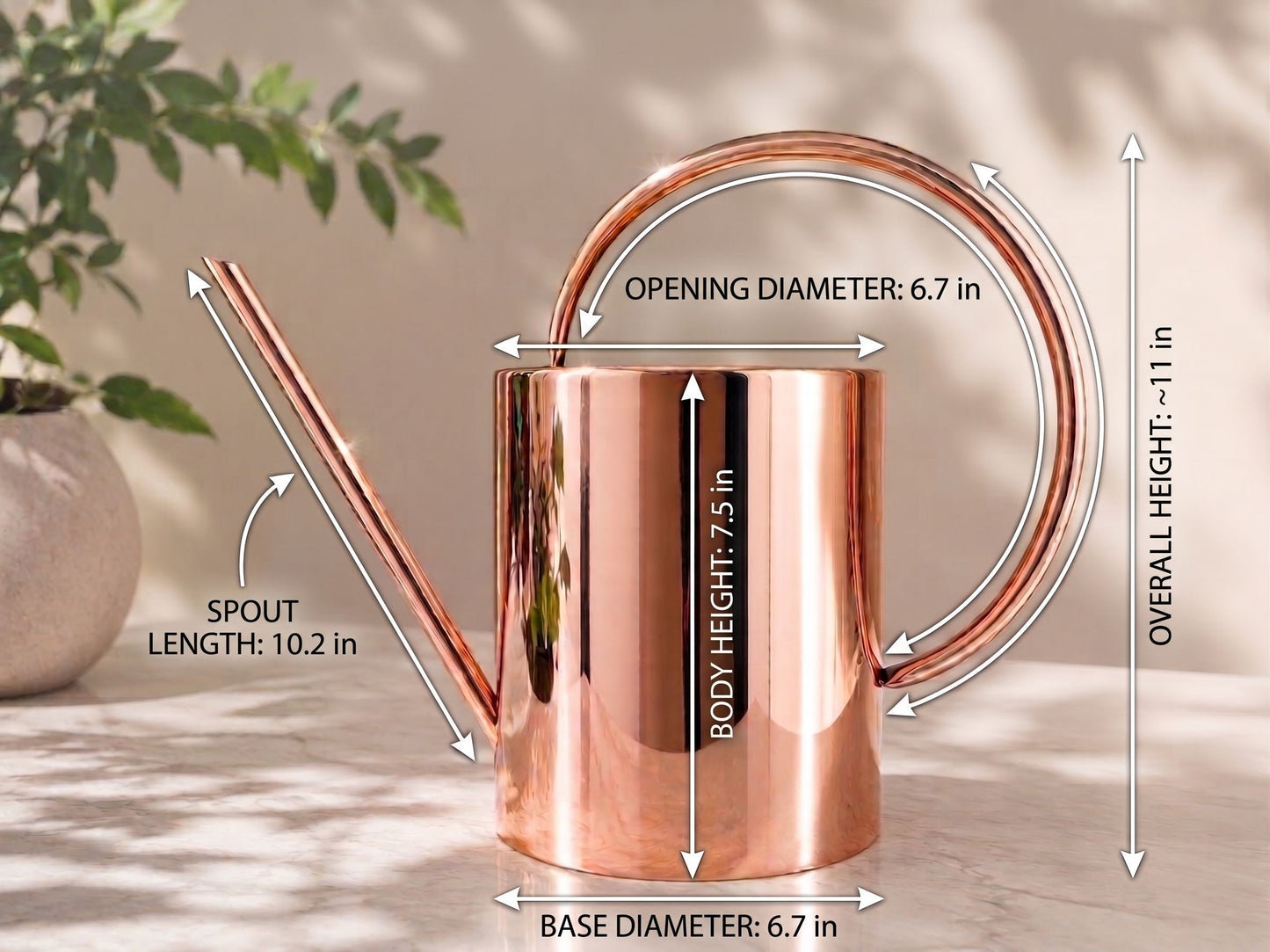 Copper watering can with measurements on a neutral background