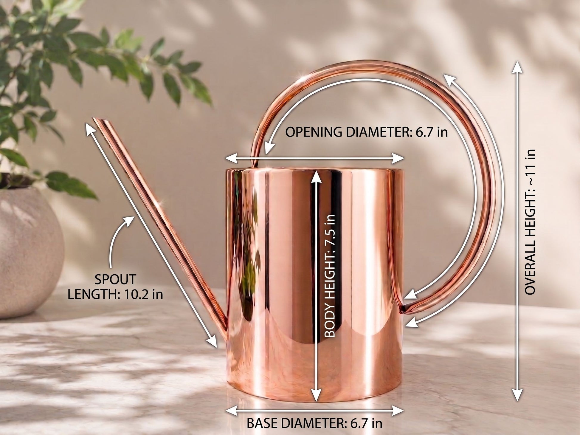 Copper watering can with measurements on a neutral background