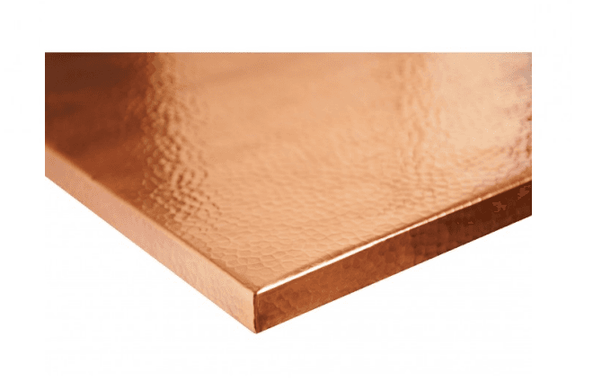 side view of Hammered copper rectangular table top with a rich, textured surface and a warm, metallic sheen