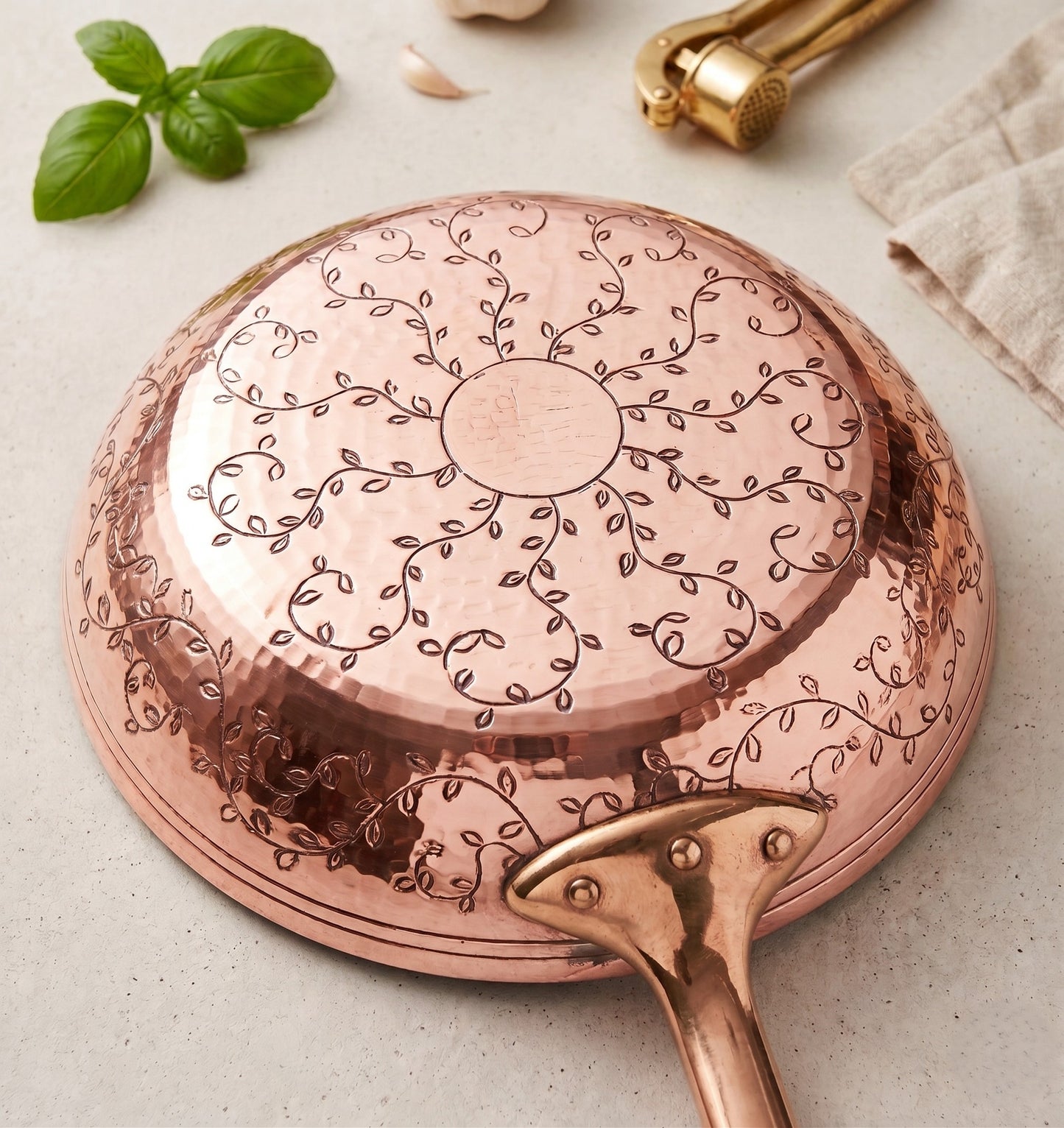 Amoretti Brothers Copper Frying Pan with Hand-Engraved Leaves 11"