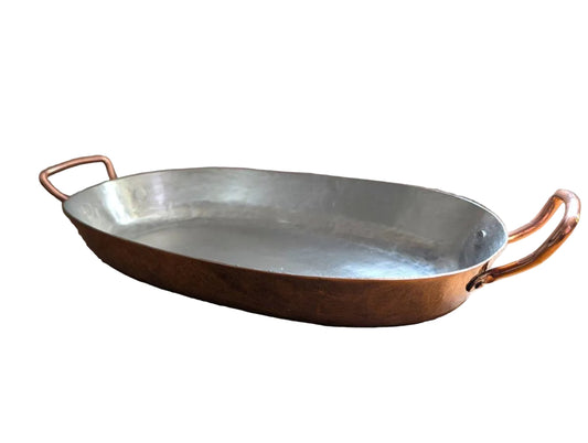 Oval copper roasting pan with tin lining and brass handles