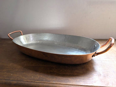 Oval copper roasting pan with tin lining and brass handles