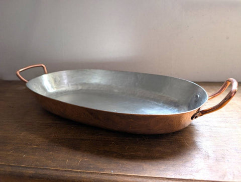 Oval copper roasting pan with tin lining and brass handles