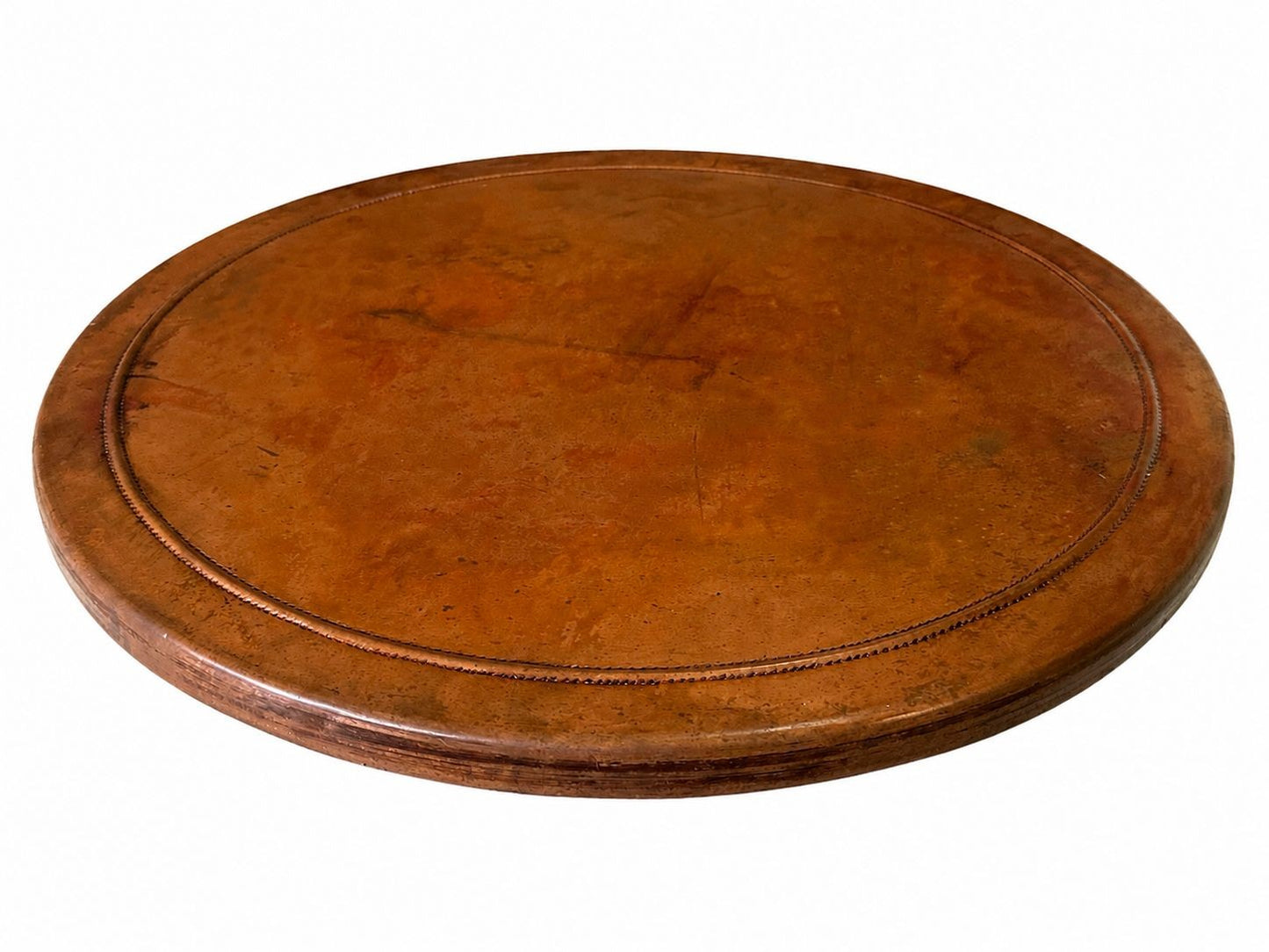 Handcrafted Penny copper table top with warm antique patina and raised bead detailing inspired by 19th century Victorian occasional tables