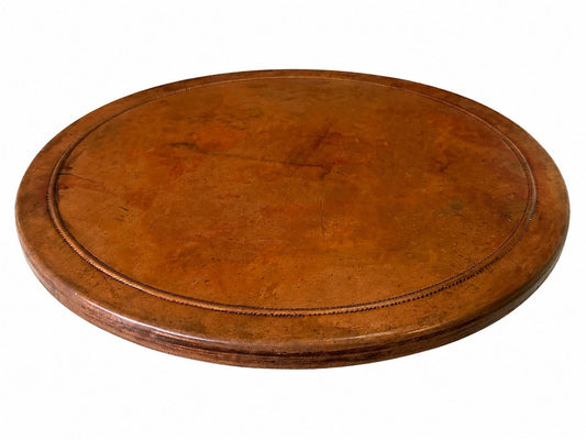 Handcrafted Penny copper table top with warm antique patina and raised bead detailing inspired by 19th century Victorian occasional tables