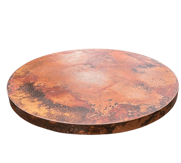 Premium handcrafted round hammered copper table top, showcasing artisanal craftsmanship and rich copper tones