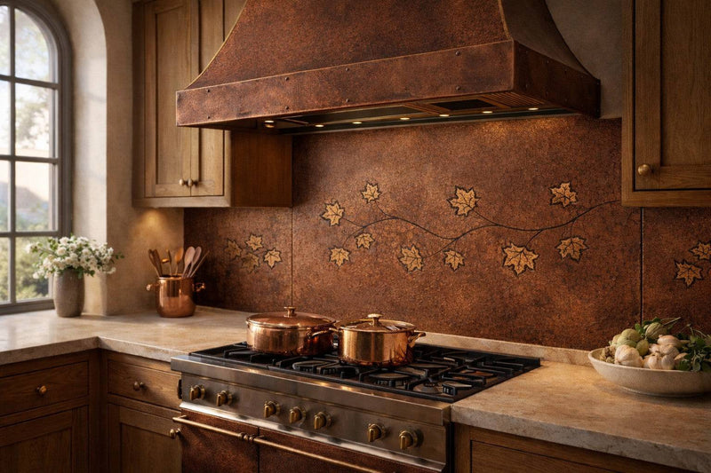Handmade hammered copper backsplash with vintage patina and decorative leaf design behind luxury range