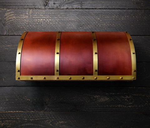 copper range hood with brass straps and vintage patina by Amoretti Brothers