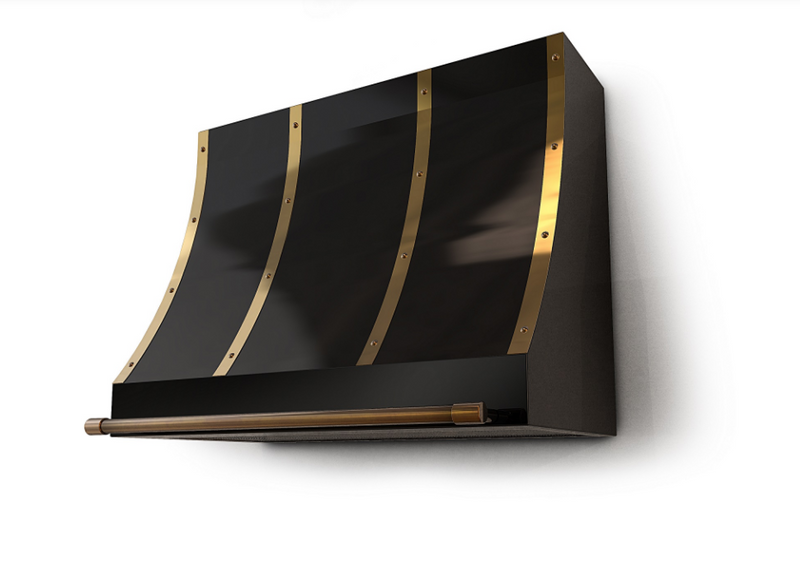 Amoretti Brothers black range hood with brass decors and rivets