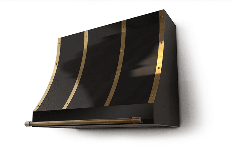 Amoretti Brothers black range hood with brass decors and rivets