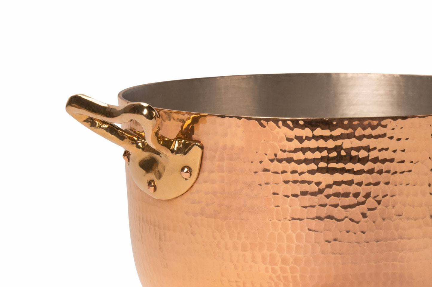 10-quart hammered copper stock pot with the flower lid removed, showcasing the pot's large capacity and intricate lid design.