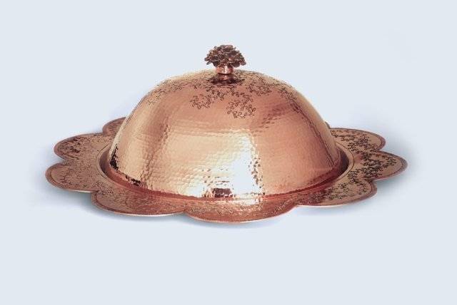 Copper cloche plate with dome and hand-engraved vines by Amoretti Brothers
