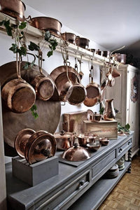 copper kitchen display, copper cookware - Amoretti Brothers