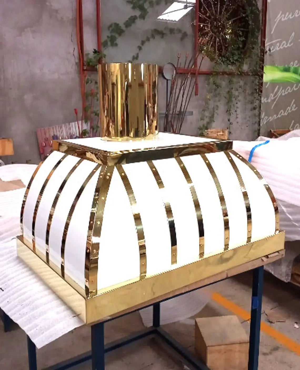 white and brass gold range hood Amoretti Brothers BISTRO