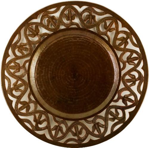 Copper flower plate charger with brown patina by Amoretti Brothers