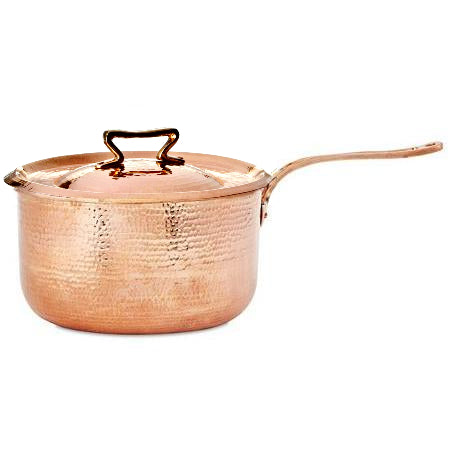 a beautiful hammered copper sauce pan with brass lid by amoretti brothers